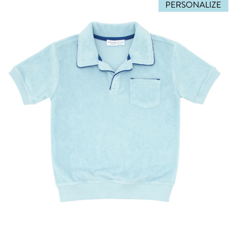 Minnow pacific blue french terry polo with ribbed hem, size 2T